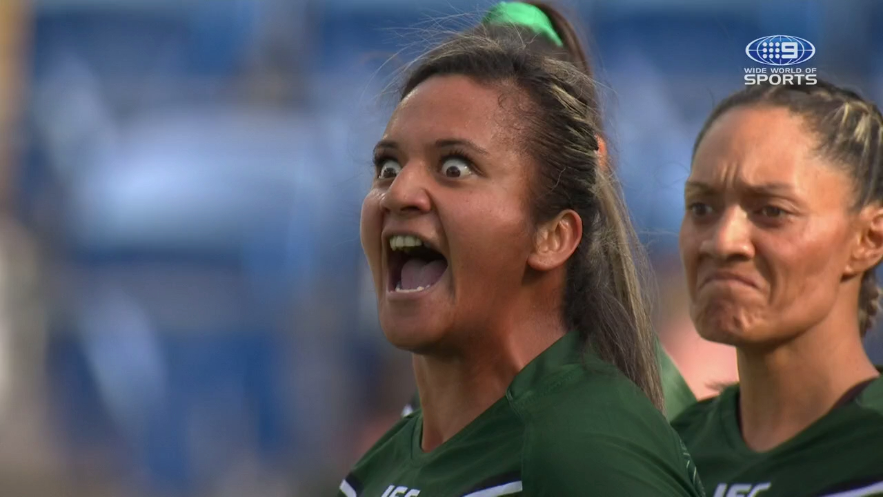 Women's Indigenous All-Stars and Maori All-Stars perform war cries