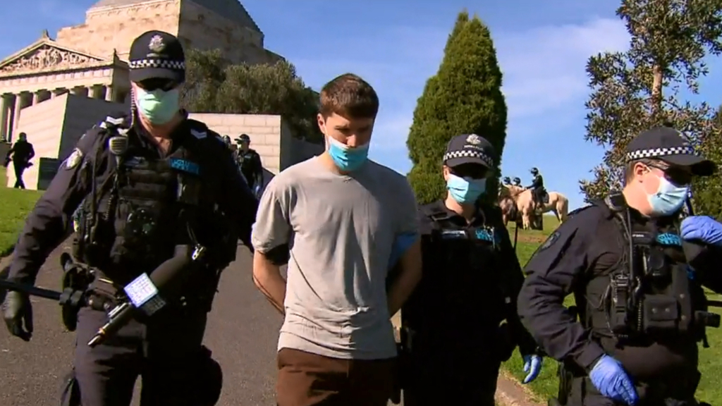 Coronavirus: Anti-mask protesters gather at Melbourne Shrine of Remembrance