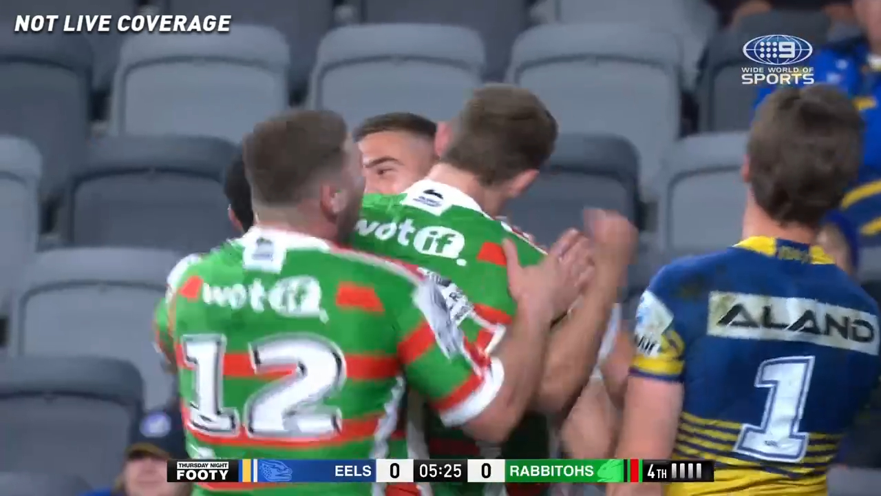 Corey Allan scores for the Rabbitohs