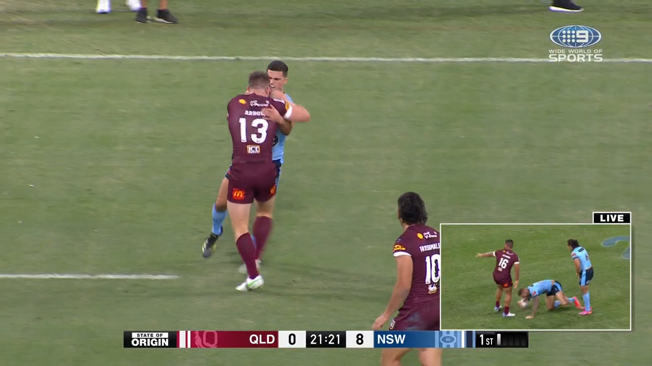 Tempers flare between Nathan Cleary and Jai Arrow