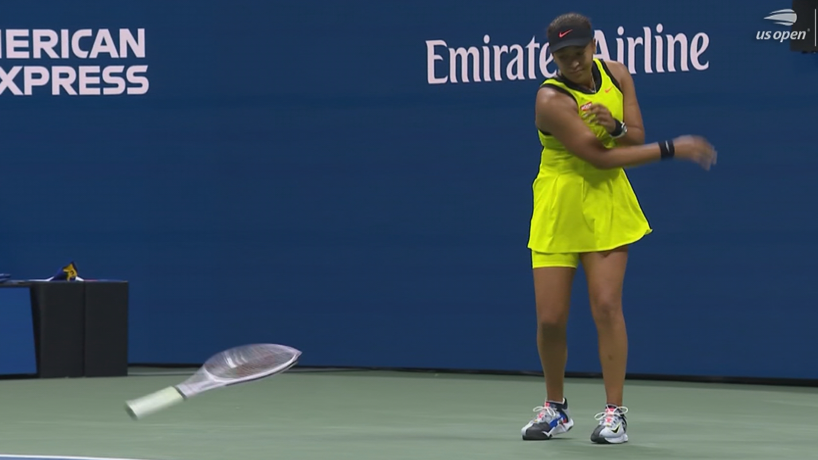 Irritated Osaka smashes racquet