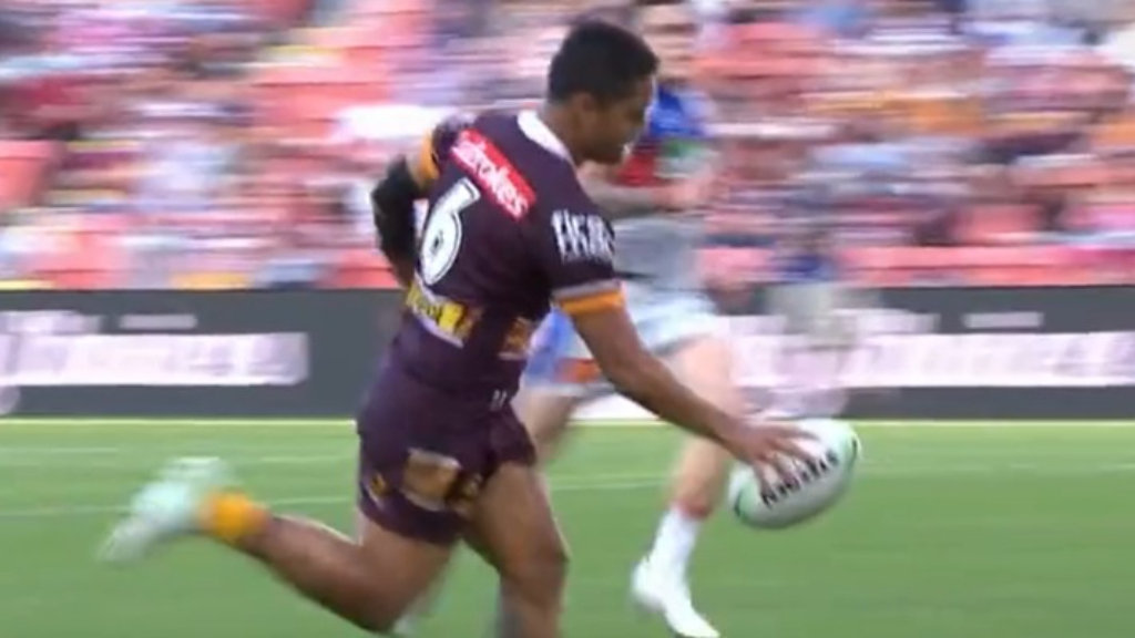 Anthony Milford goes over in his final game for Brisbane