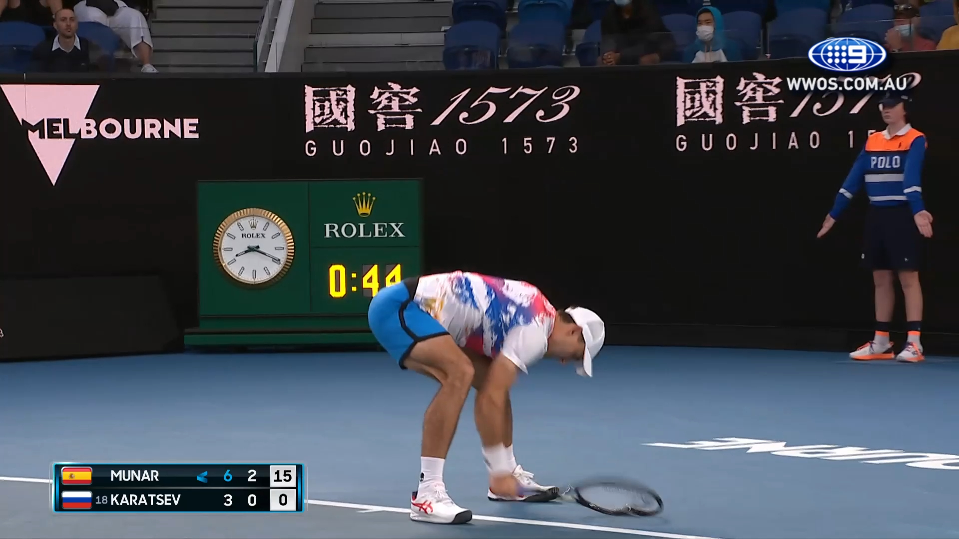 Karatsev skies a ball, takes his frustrations on racquet