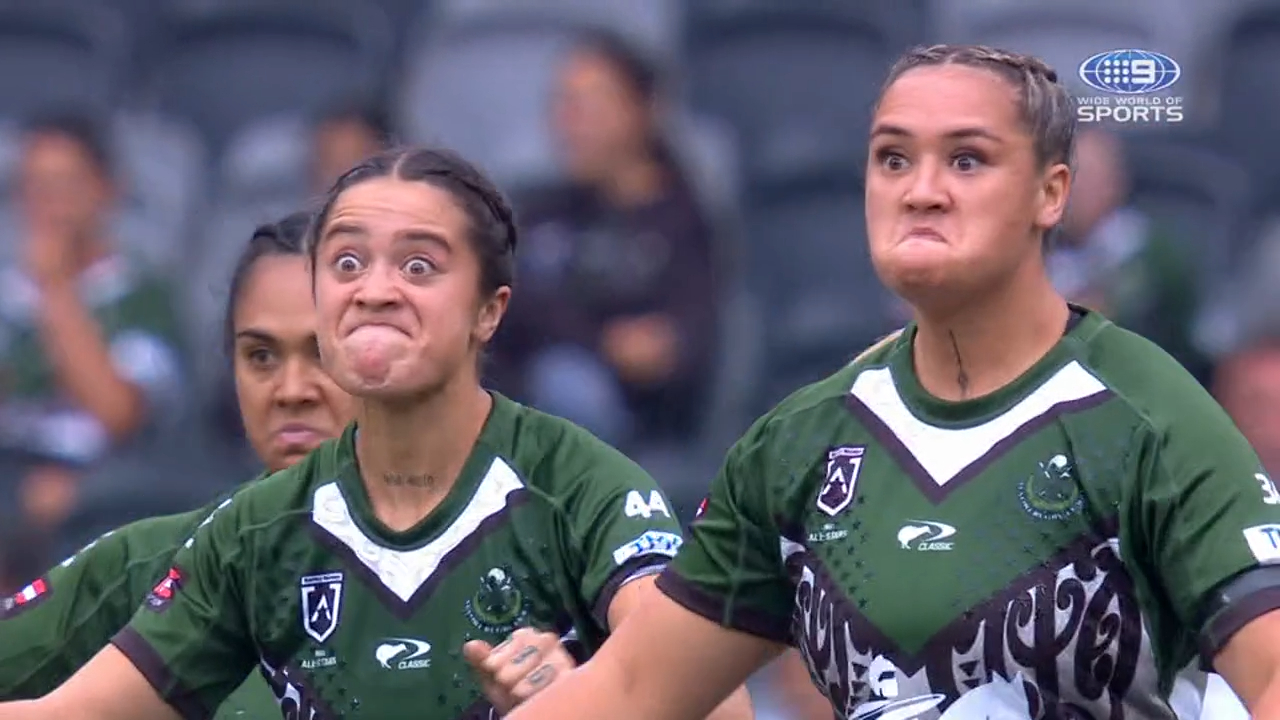 The Indigenous and Maori women's All Stars perform their pre-match rituals