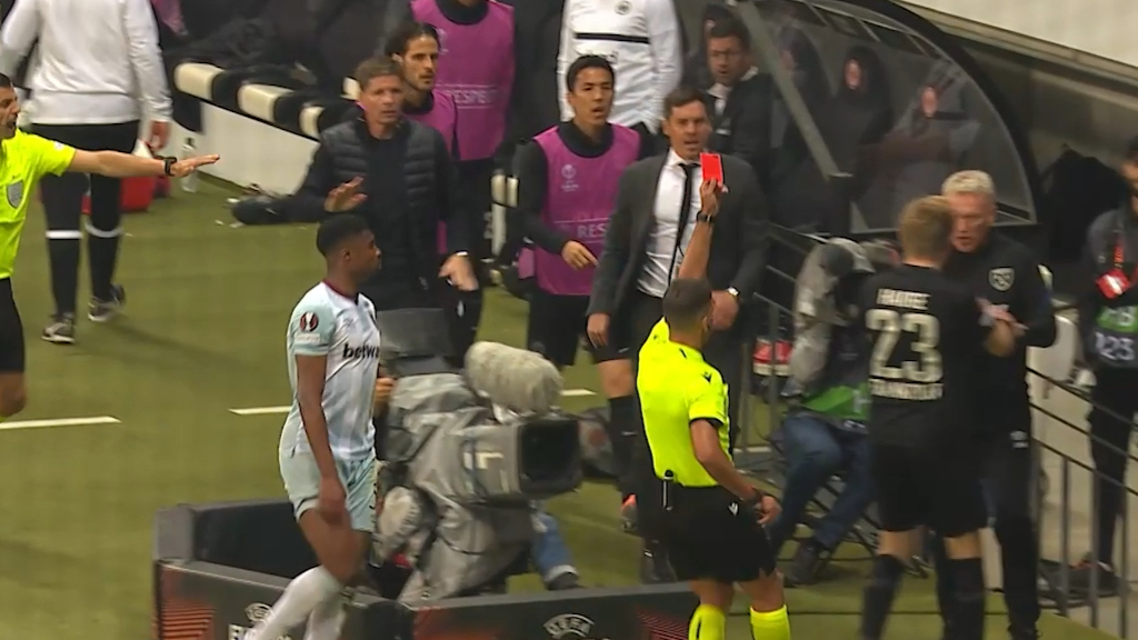 West Ham manager sent off for kicking ball at ball boy