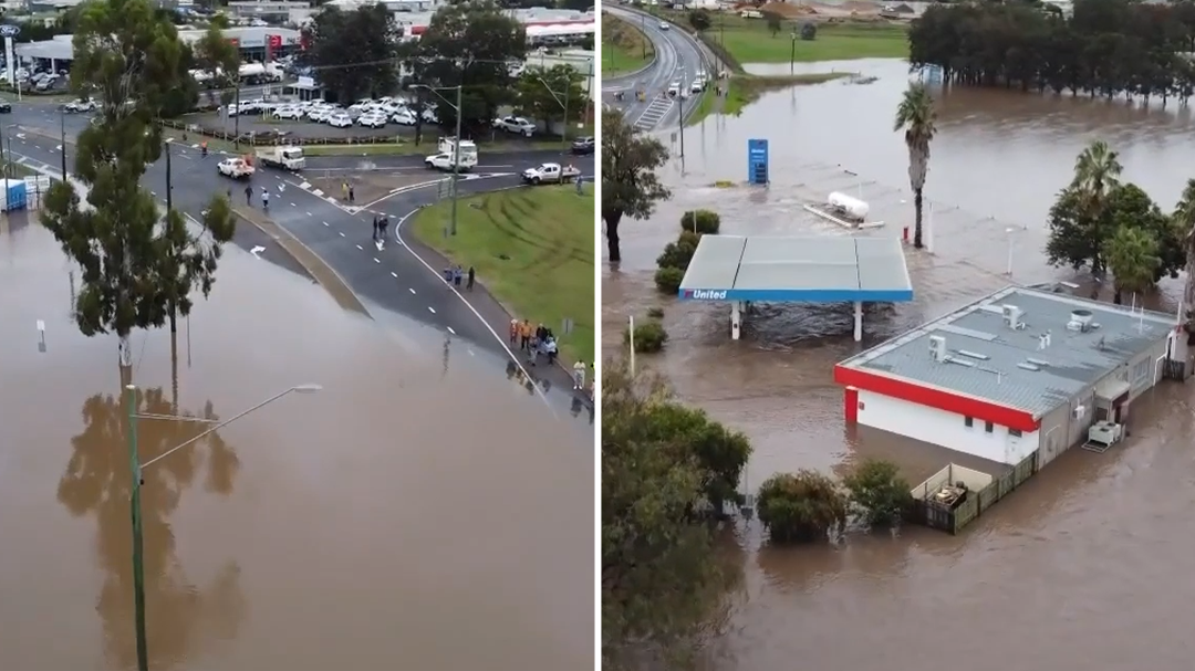 Drone footage captures the extent of flooding in Warwick, south-east Queensland