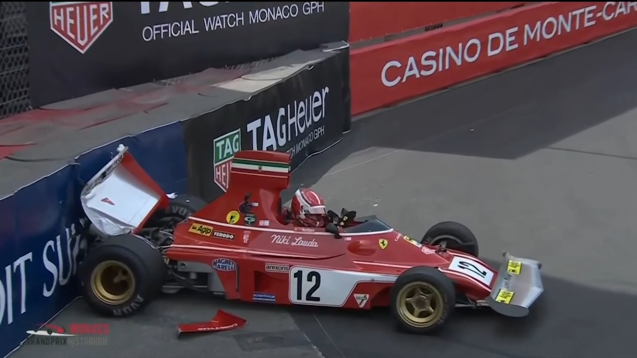 Leclerc crashes historic Niki Lauda Ferrari