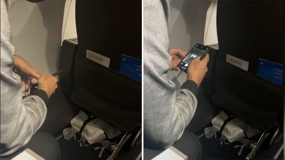 Woman catches man taking photos of her feet during flight