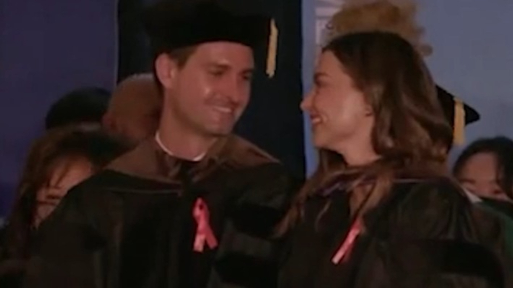 Miranda Kerr and Evan Spiegel surprise graduating college students
