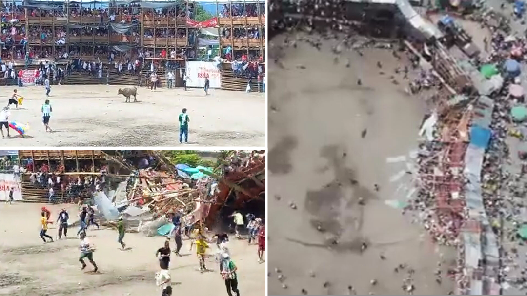 Stadium collapses during bull fight in Colombia
