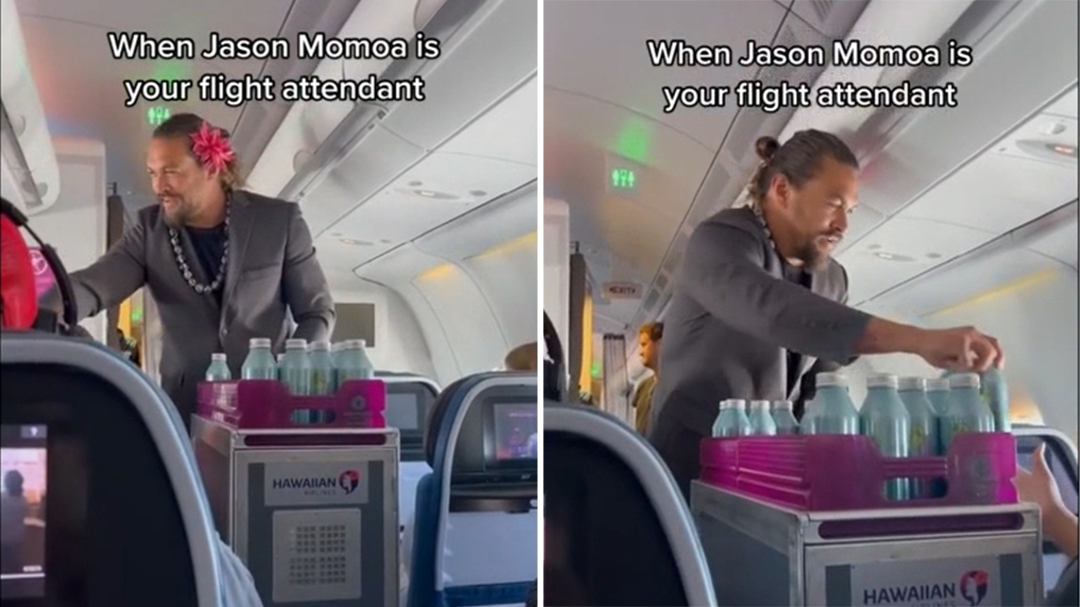 Jason Momoa poses as flight attendant on Hawaiian Airlines flight