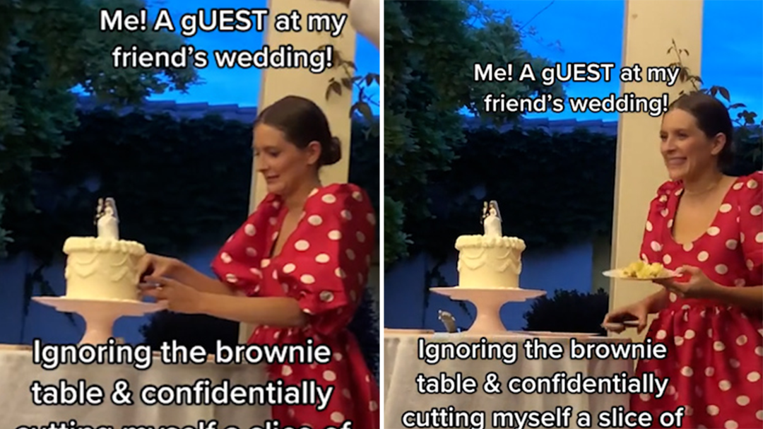 Wedding guest helps herself to slice of cake