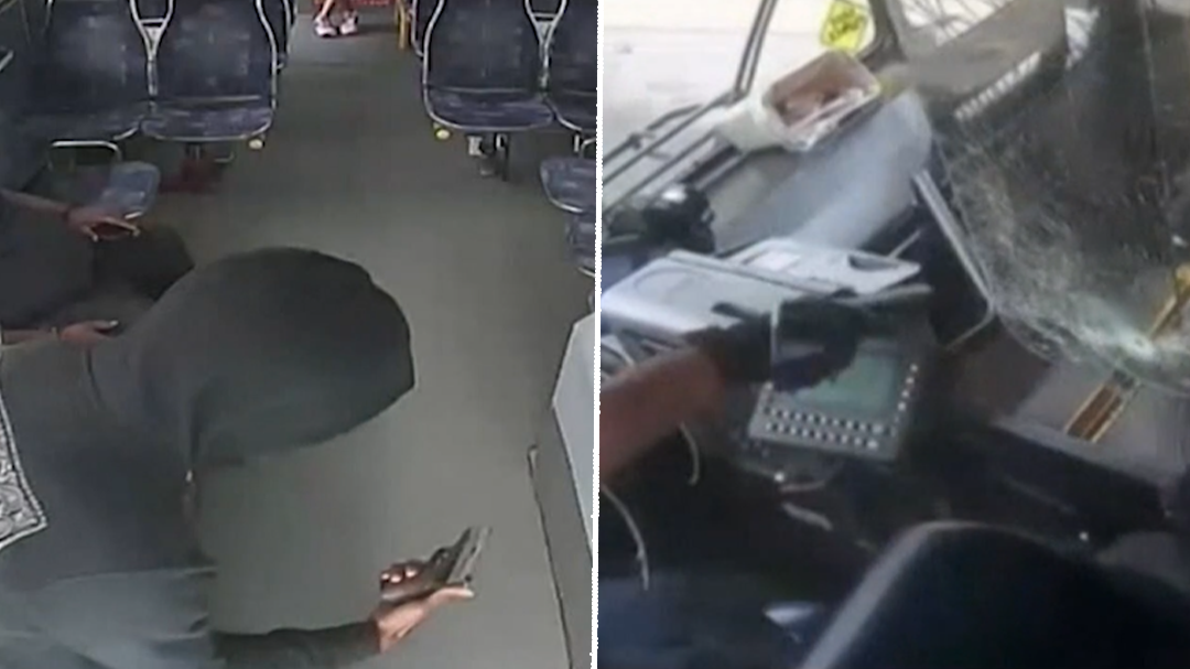 Surveillance footage shows bus driver and passenger in shootout aboard moving bus