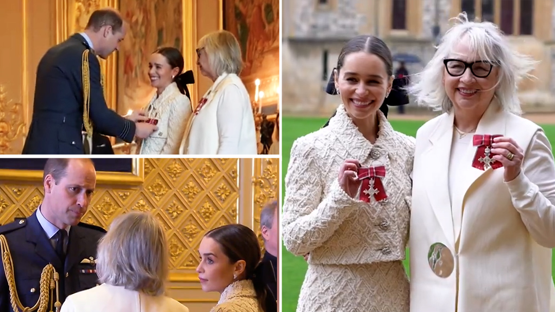 Prince William presents OBE to Game of Thrones star Emilia Clarke and her mum