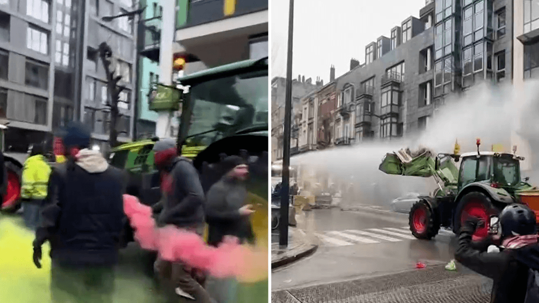 Police sprayed with liquid manure at EU farmers' protest
