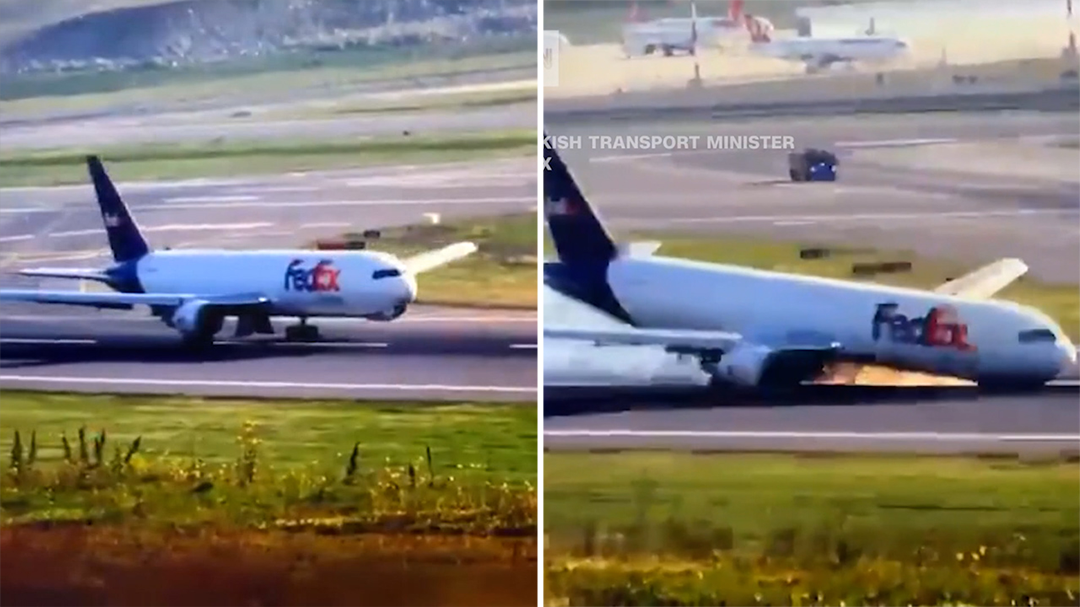 Plane scrapes runway after landing gear failure
