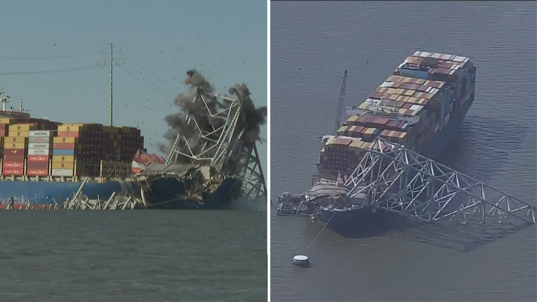 Crews conduct controlled demolition on Baltimore bridge span as cleanup continues at collapse site