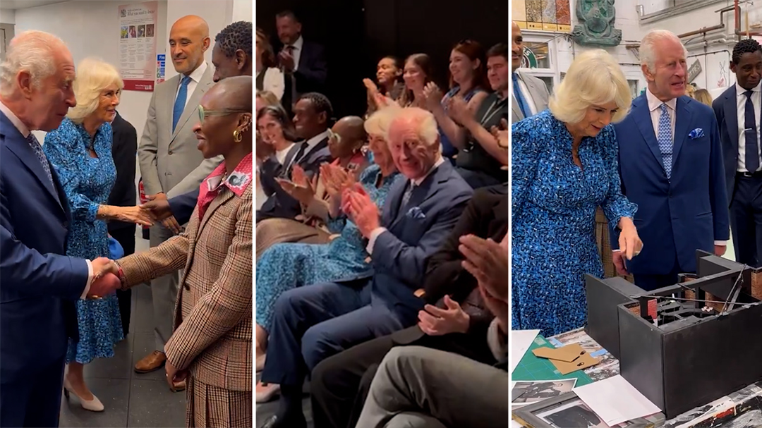King Charles and Queen Camilla watch play about family betrayal on visit to drama school