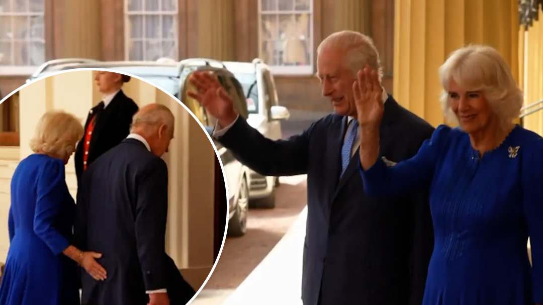 Queen Camilla spotted giving King's bottom a 'love tap' after farewelling Japanese royals