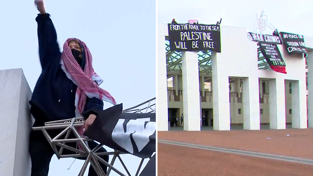 Police respond to protesters on Parliament House rooftop