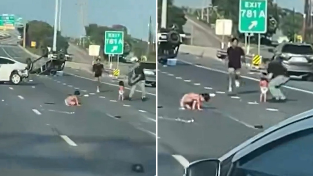 Video shows two toddlers in middle of Texas highway after crash